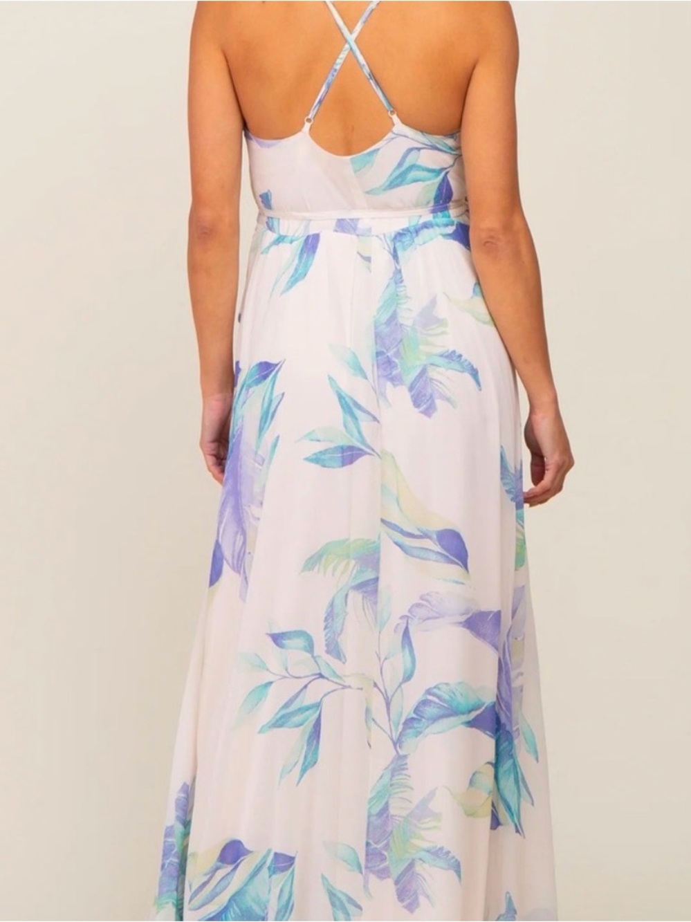 Cross-Back White Maxi Dress with Blue & Aqua Botanical Print